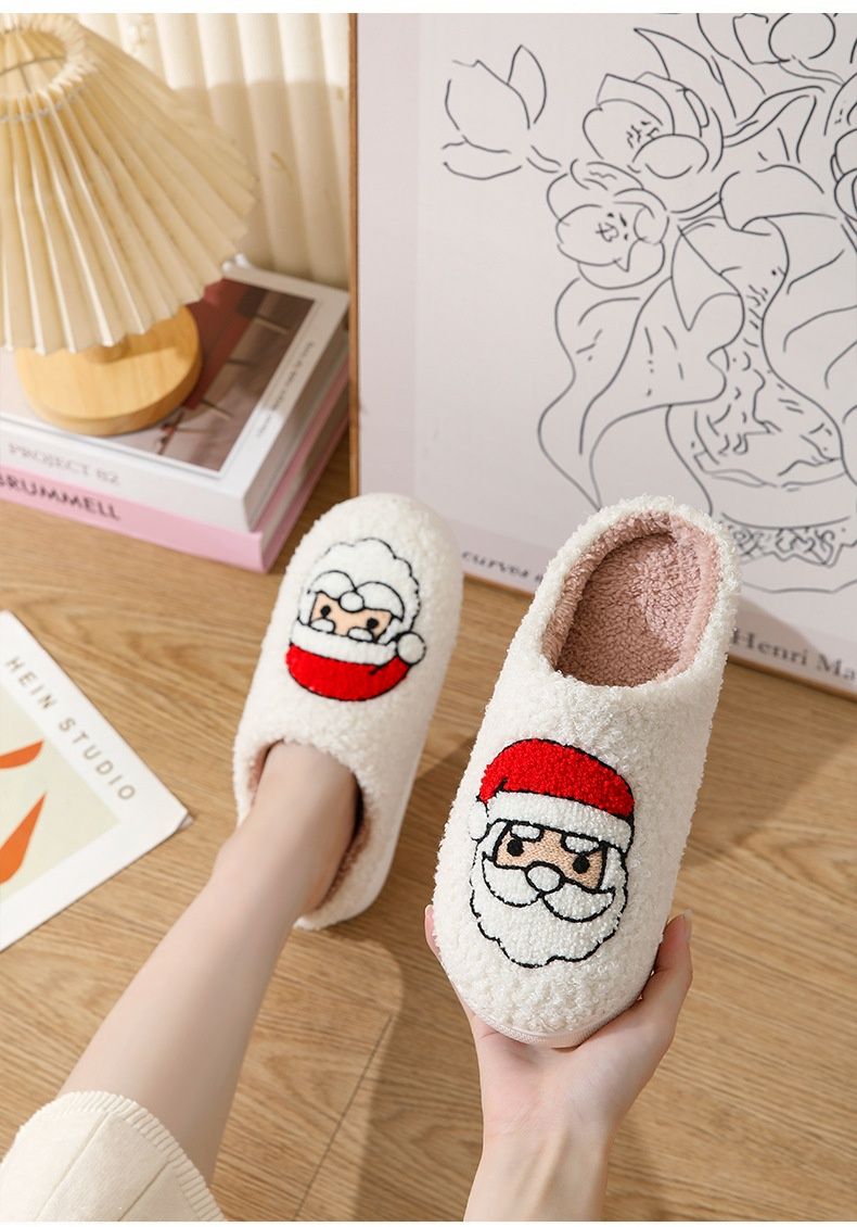 Pantufas de algodão antiderrapantes com carinha sorridente para o Natal, modelo Voyage Cross-Border, com estampa do Papai Noel, para mulheres. Ideais para uso interno no inverno._voghion.com