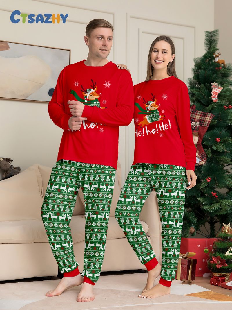 Cozy Christmas Family Pajama Set – Deer & Alphabet Print Matching Sleepwear For Parents, Kids & Pets (S-4XL, 6M-14Y, Dog S-XL)_voghion.com
