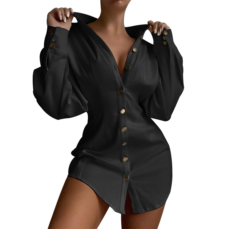 Abbigliamento donna autunno e inverno abito camicia da donna sottile a maniche lunghe nero_voghion.com