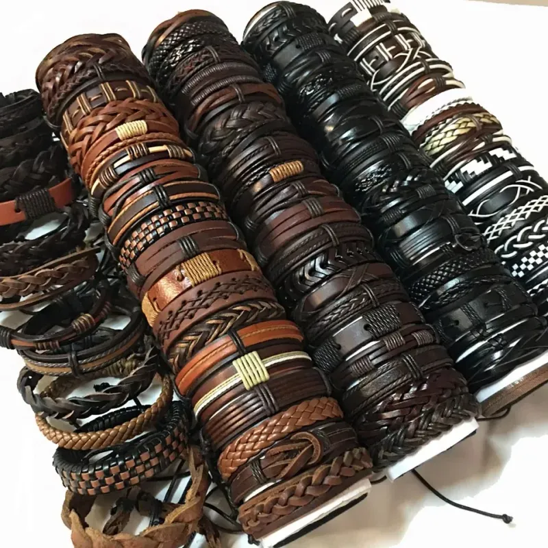 Lote de 5 pulseras de cuero vintage a granel para hombres y mujeres, estilos variados, brazaletes ajustables, joyería de moda al por mayor_voghion.com