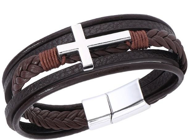 Bracciale in pelle con croce laccata nera, multistrato, per uomo, gioielli di moda_voghion.com