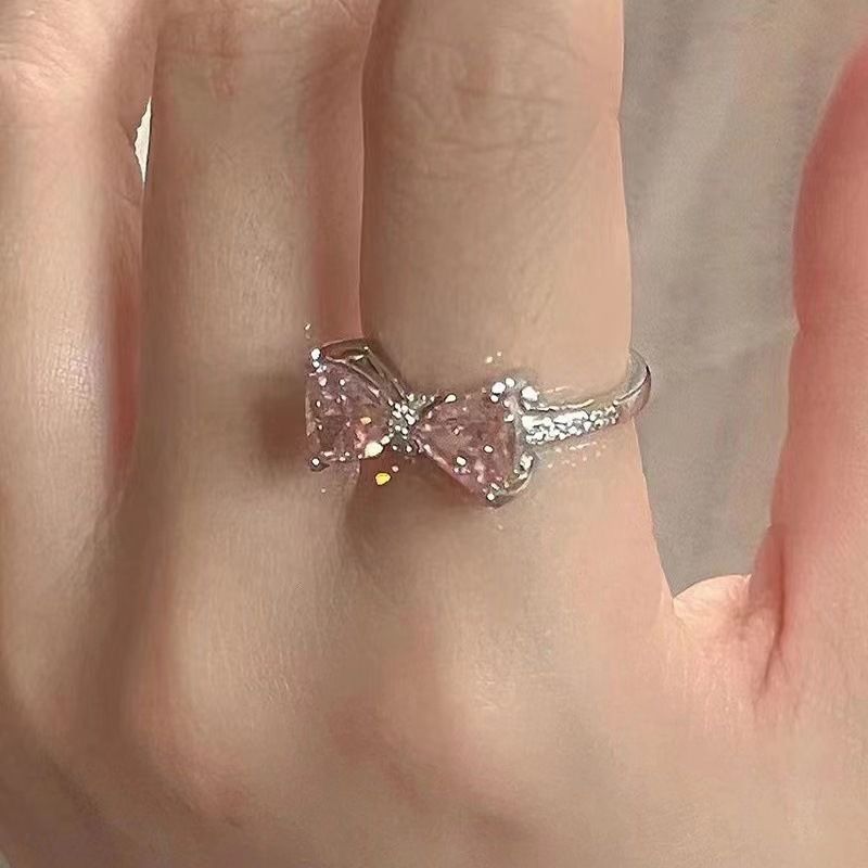 Bow Open Women's Pink Diamond French Exquisite Micro Set Ring In Adjustable Opening_voghion.com