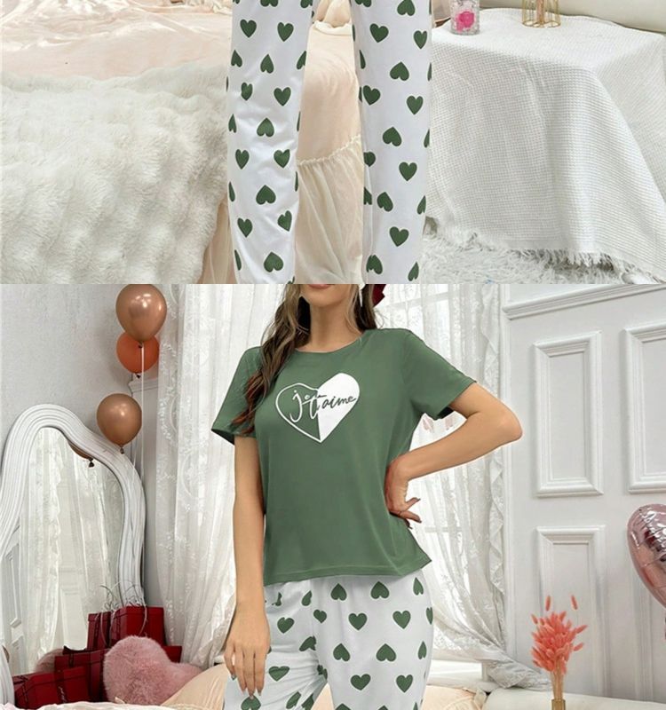 Conjunto de pijama de talla grande para mujer, ropa de estar por casa, estampado en forma de corazón, conjunto de pantalón y camiseta de manga corta, ajustado, informal y cómodo._voghion.com