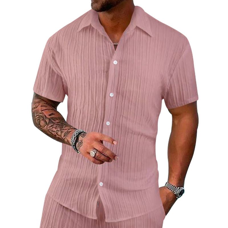 Herren Revers Einfarbig Kurzarm Button-Down-Hemd Lässiges Lose Kurzarm Cardigan Strand T-Shirt_voghion.com