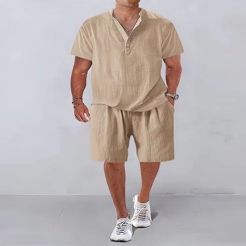 2023 Summer New Men's Solid Color Casual Short Sleeve T-Shirt And Shorts Set_voghion.com
