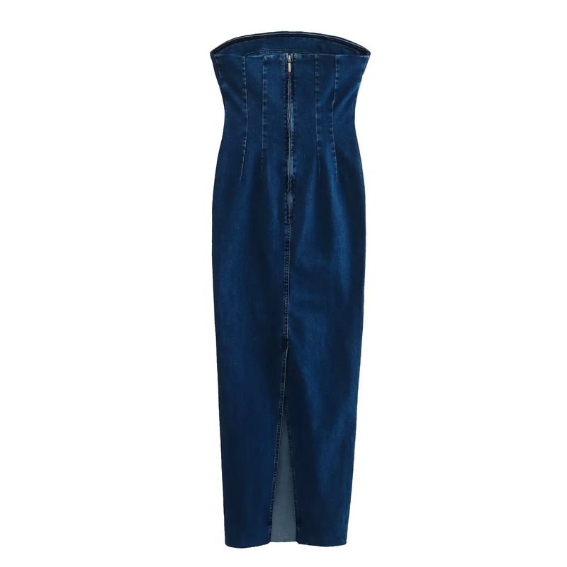 novo estilo de vestido jeans com zíper traseiro e envolto no peito para mulheres_voghion.com