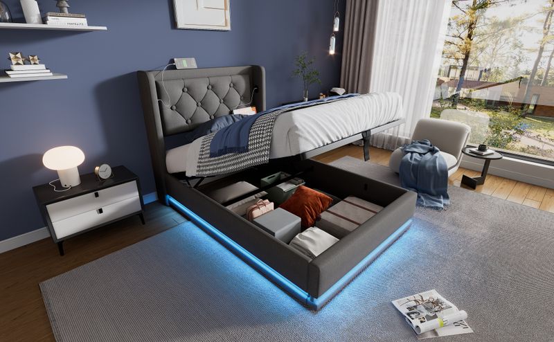 Polsterbett Doppelbett 90*200 Cm,Grau Baumwolle-Material Hydraulisches Stauraumbett, Gepolstertes Kopfteil Mit USB Typ-C Ladefunktion, 3-seitige LED-Funktion(Mit Matratze)_voghion.com