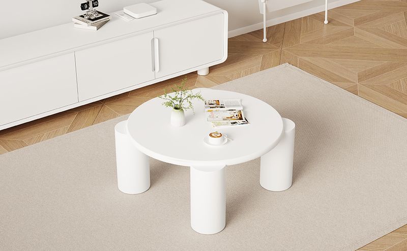 Table basse moderne White Cloud avec 4 pieds stables, petite table d'appoint ronde blanche pour salon, chambre, balcon, terrasse, design à bords arrondis_voghion.com