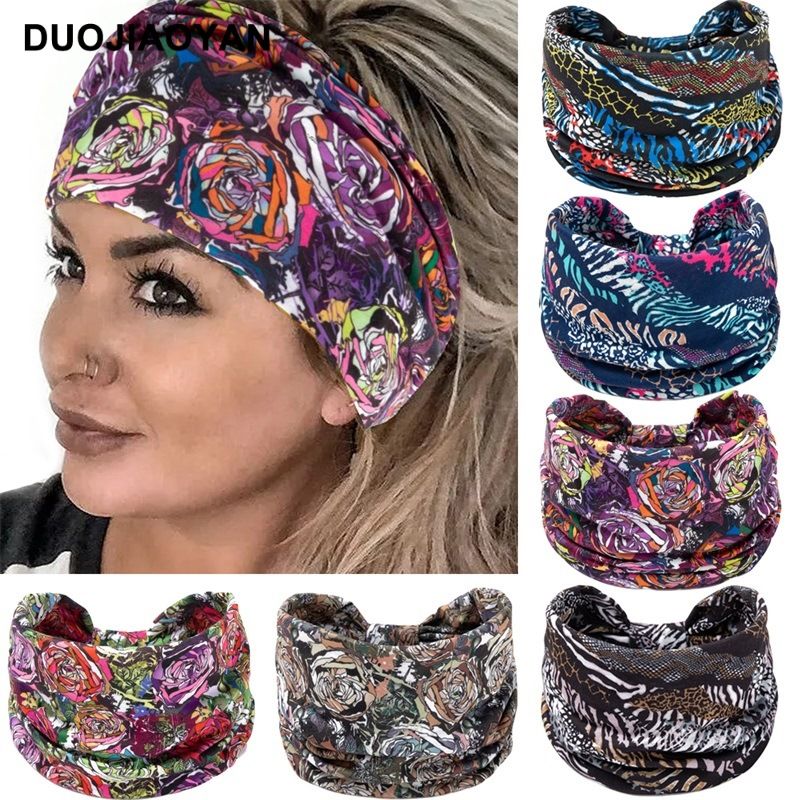New Leopard Print Digital Printed Sports Headband with European and American Knotted Cross Wide Edge Elastic Headband for Women_voghion.com