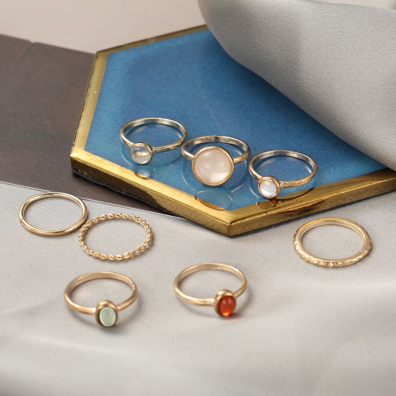 2025 Fashion Style Women's Crystal and Gemstone Ring Set, Retro Fashion Gold Silver Resin Ring, Geometric Design_voghion.com