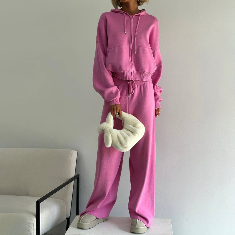 Women's Clothing Solid Color Hooded Sweater Suit For Women Loose Casual Lazy Style Autumn And Winter New Knitted Trousers Two Piece Suit_voghion.com