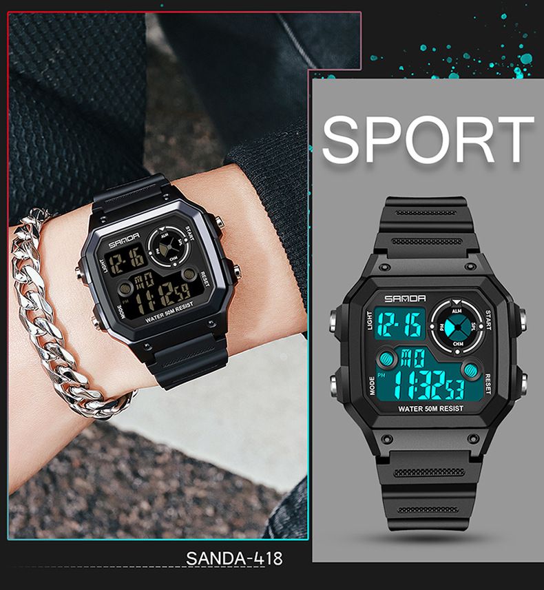 Digital Sports Watch With LED Backlight, Waterproof, Alarm, And Military-Grade Durability - Lightweight Resin Strap, Square Dial, 50M Water Resistance_voghion.com