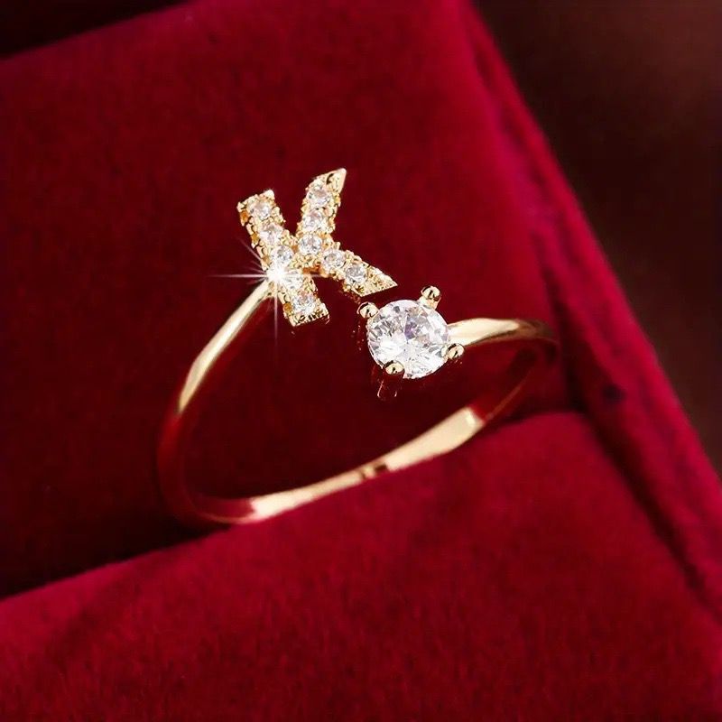 Bague femme mode 26 lettres anglaises micro incrustées de zircons Bague ouverte unie plaquée cuivre 14 carats_voghion.com