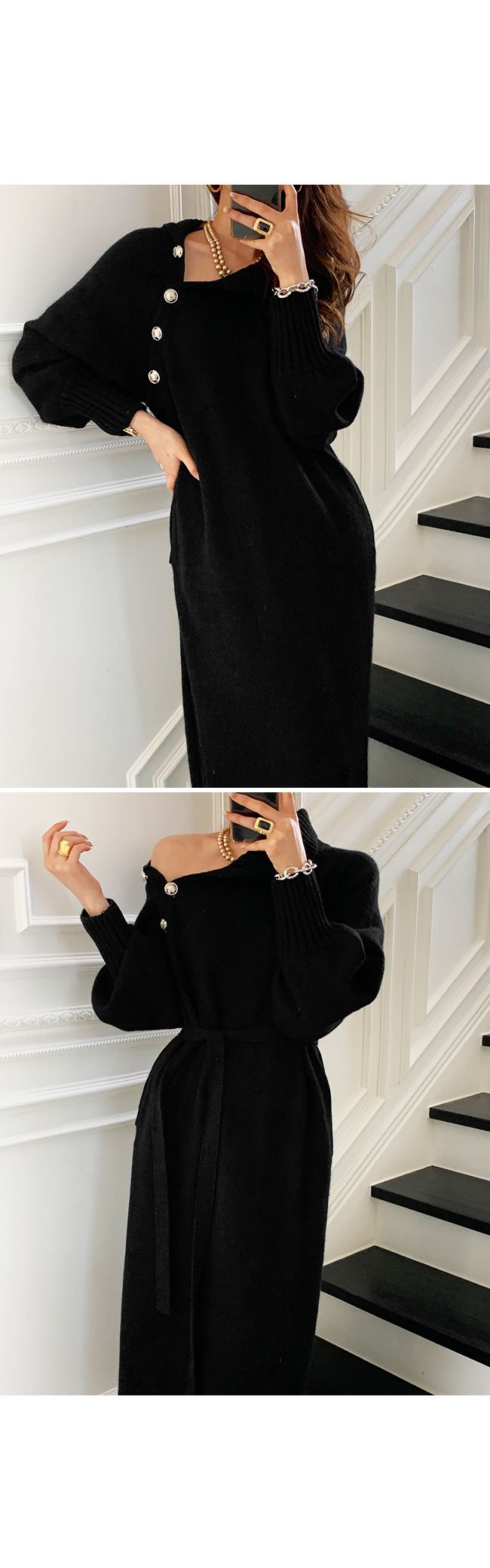 Abbigliamento da donna, abito lavorato a maglia con lacci in vita, maglione lungo versatile a collo alto dimagrante e sciolto per donna_voghion.com