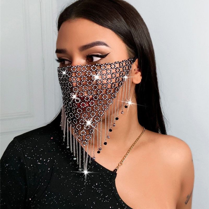 Patchwork With Accessories Sparkling Rhinestone Tassel Face Mask LBZ1254_voghion.com