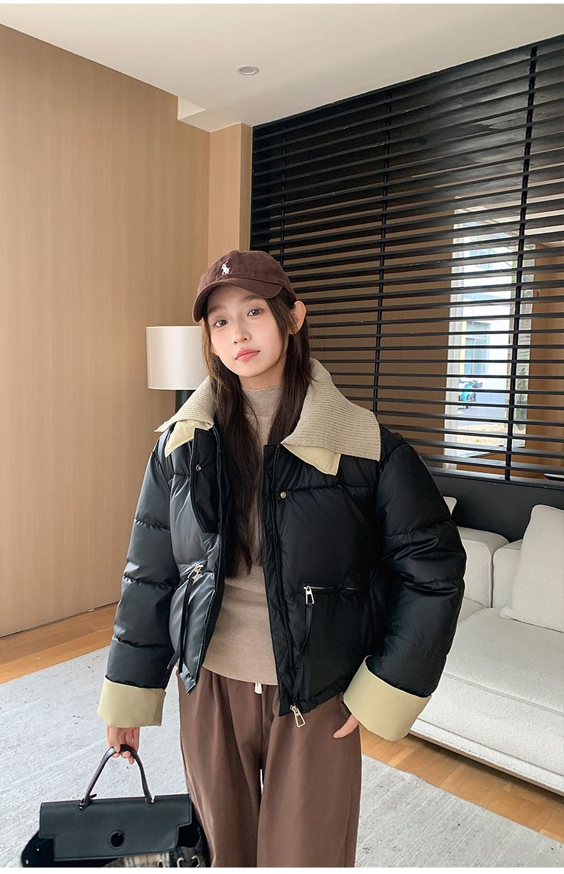 2024 European Knitted Short Down Jacket Women's Winter Fashion Splicing Doll Collar Cotton Coat Trend_voghion.com