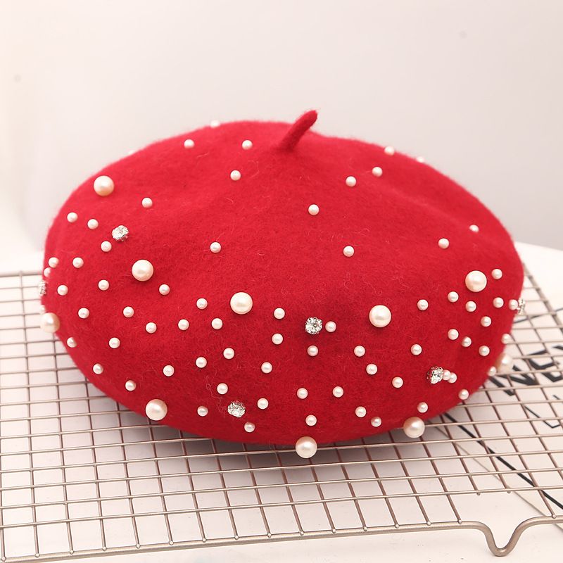 Hot Sale Cashmere Winter Wool Beret with Rhinestone Pearls Berets Female Elegant Autumn Spring Hat Women Solid Color French Style_voghion.com