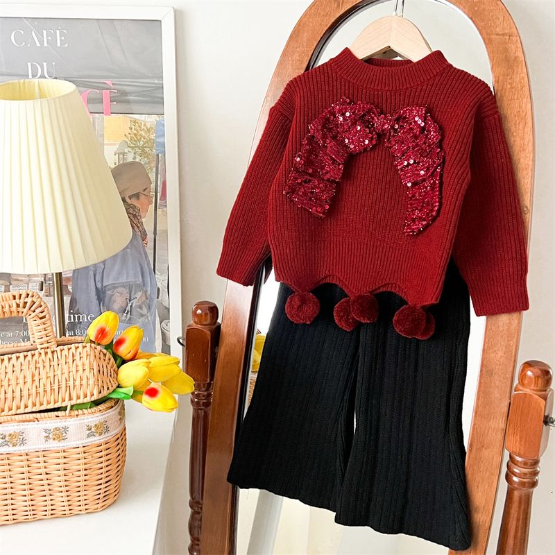 Completo abito in maglia per bambine con fiocco e gonna in tulle arcobaleno - Morbido completo invernale per bambine e bambini (3-8 anni, 100-140 cm)_voghion.com