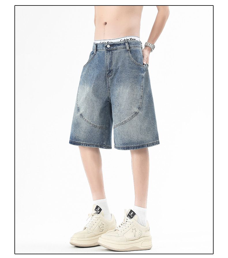 Herrenbekleidung Denim Beach Shorts Sommer Trendy Loose Semi Elastic Stitching Shorts_voghion.com