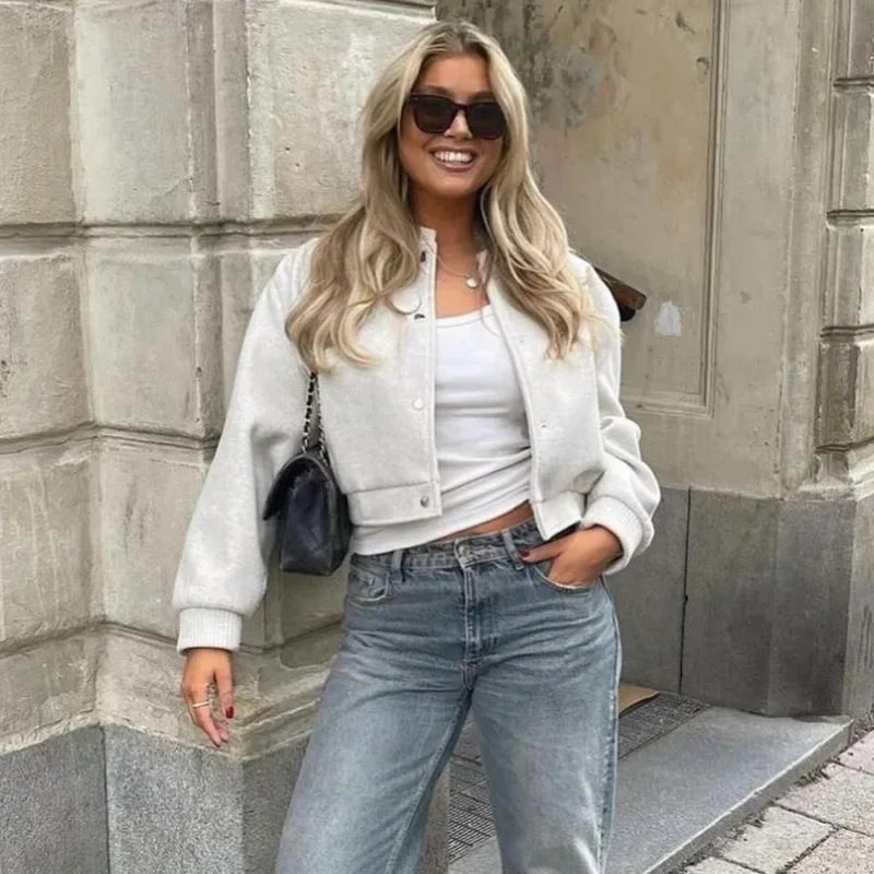 Soft & Stylish Oversized Bomber Jacket For Women - Lightweight Fall/Winter Coat With Stand Collar, Button Detail (Grey, Beige, Black)_voghion.com