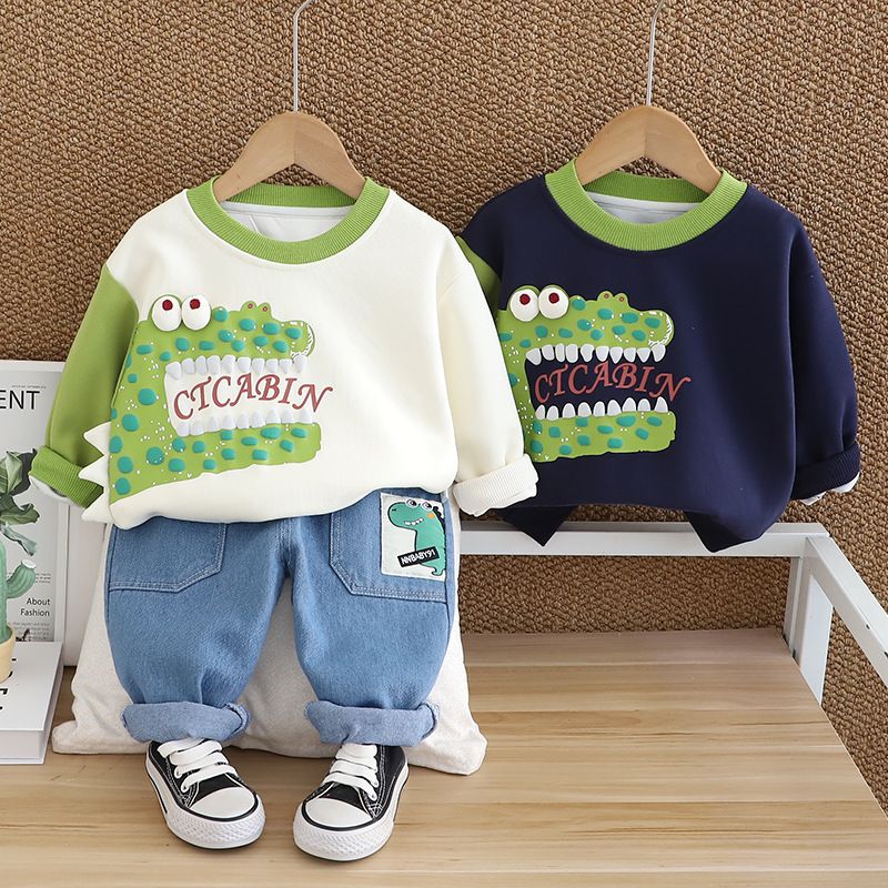 Maniche lunghe per ragazzi 2024 Nuovo stile per bambini, primavera e autunno, moda, cartone animato, dinosauro, felpa con cappuccio, set da due pezzi_voghion.com