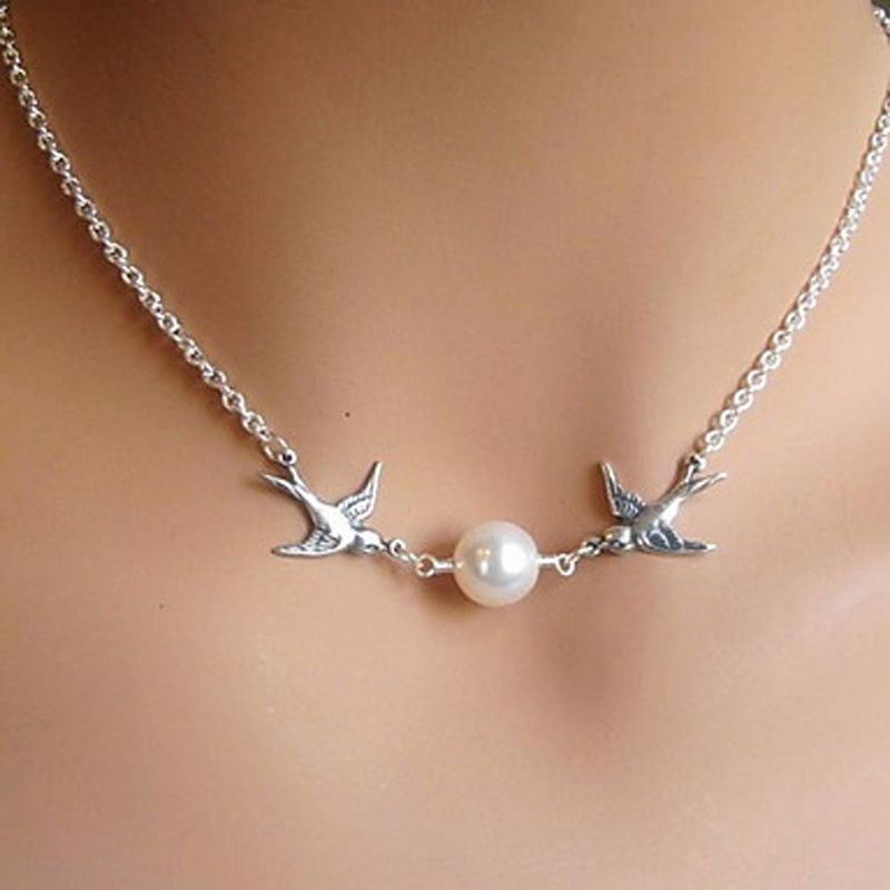 Halsketten frauen mode doppel vogel imitation perlenkette hohe kraft schlüsselbein halskette_voghion.com