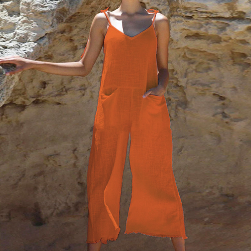 Damen-Overall aus einfarbigem Bambus-Leinen mit sexy Hosenträgern_voghion.com