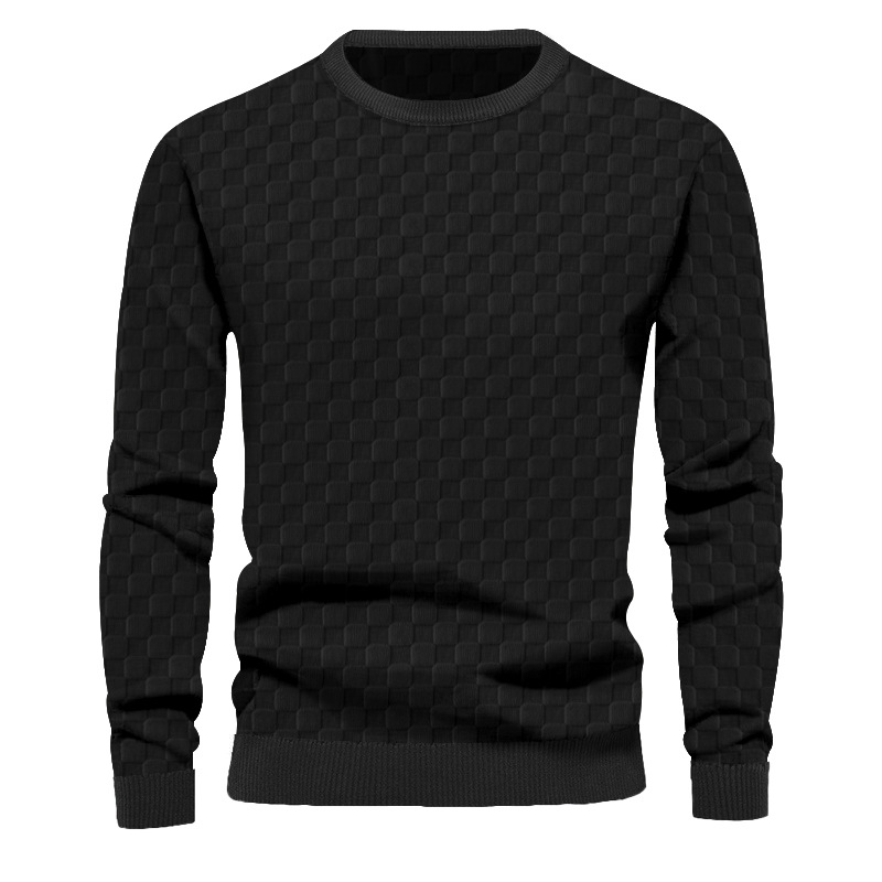 Heren herfst- en wintergebreid herenshirt met jacquard schaakbordruit ronde hals casual onderkant top met lange mouwen_voghion.com