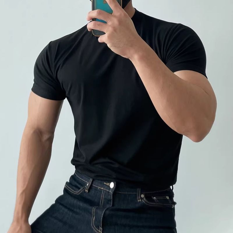 Herrenbekleidung Sommer-T-Shirt mit kleinem Ausschnitt Slim Fit Kurzarm Muskelanzug_voghion.com