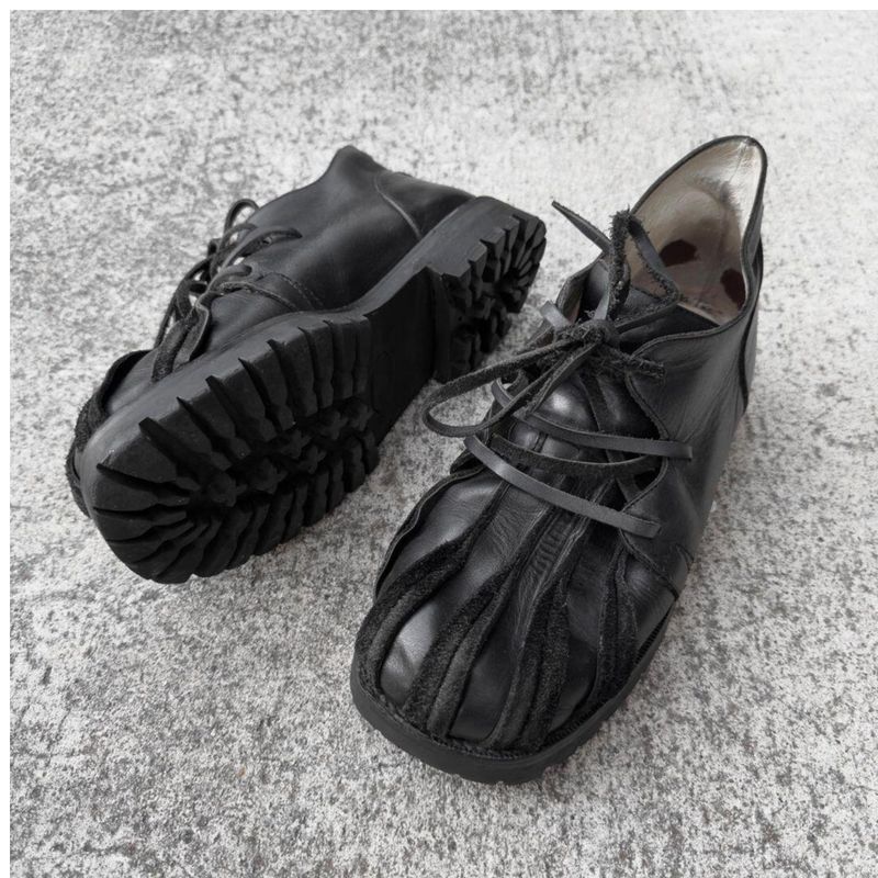Derby-Schuhe aus gleichem Leder im dunklen Stil der mittleren Antike mit dicker Sohle und zunehmender Höhe im Used-Look mit Entenfüßen für Herren und Damen_voghion.com
