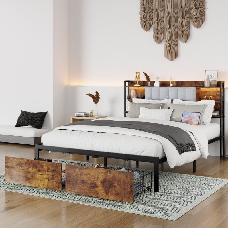 Queen Size Bed Frame With 2 Storage Drawers And LED Lights Headboard, Upholstered King Bed Frame With Charging Station, No Box Spring Needed, Easy Assembly_voghion.com