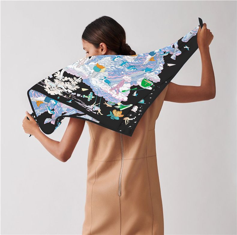 Niedlicher, hochwertiger, frühlingshafter, großer Twill-Bindebeutel, Seidenschal, quadratischer Schal mit Cartoon-Print_voghion.com