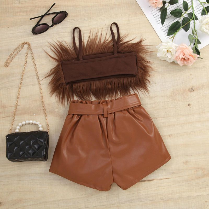 Mother & Kids Children's Clothing Popular Spring And Summer Fur Suspenders Solid Color Leather Shorts Suit With Belt_voghion.com