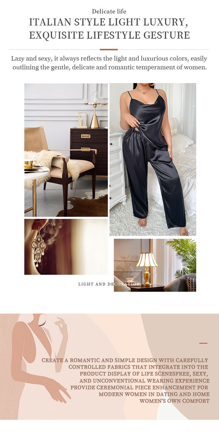 Tragbares Set aus Eisseide, einfarbig, sexy Camisole, Damen-Freizeit-Hausanzug, Pyjama in Übergröße, Pyjamahose_voghion.com