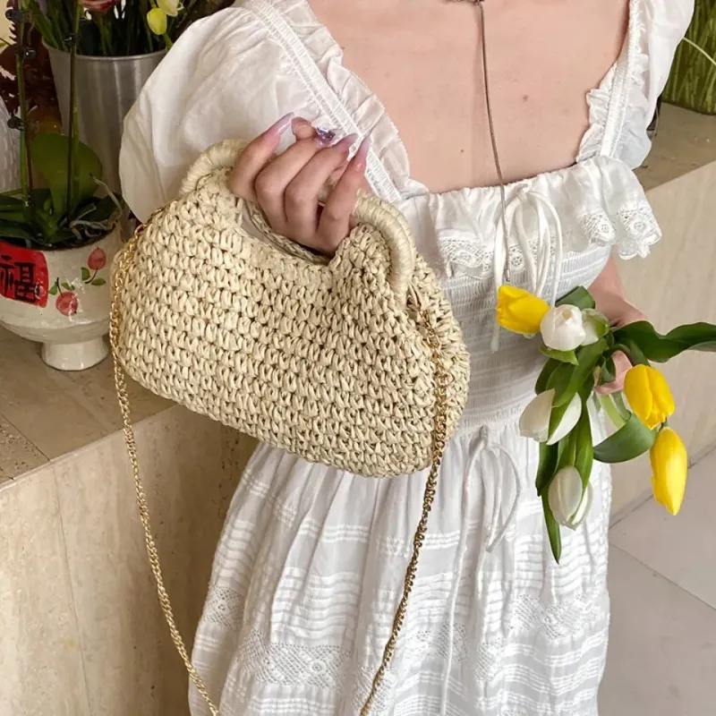 Borsa a tracolla retrò intrecciata per donna 2025 in paglia, con catena, borsa a tracolla, da donna, per le vacanze, la spiaggia, ecologica_voghion.com