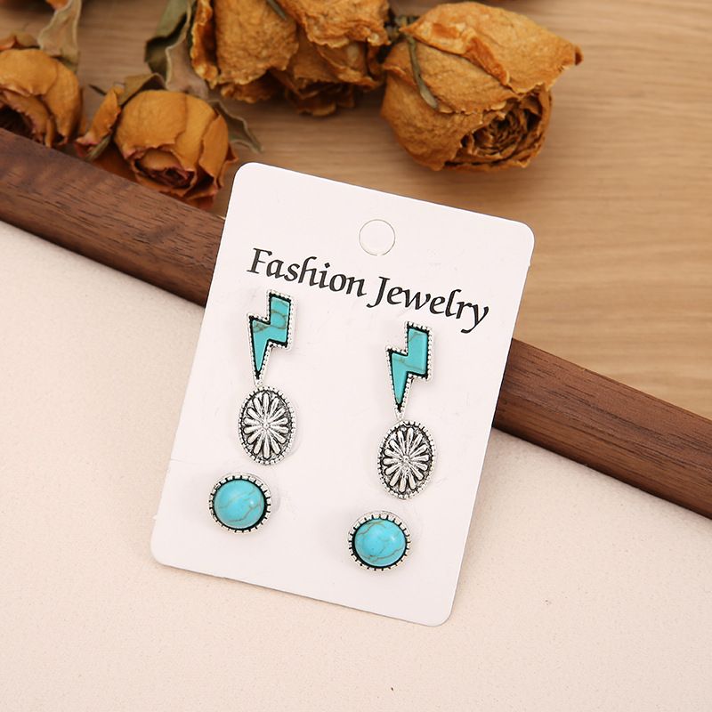 Ensemble de trois boucles d'oreilles à tige en alliage turquoise style bohème, motif fleur de citrouille et éclair_voghion.com