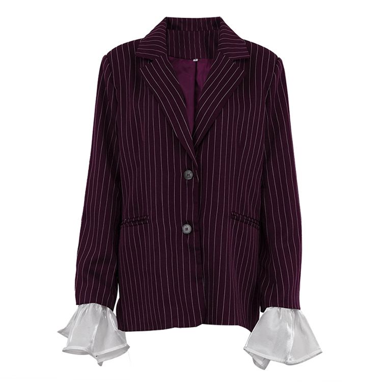 Giacca da abito a righe da donna, elegante blazer a righe con maniche a campana in pizzo – Giacca casual ampia per primavera/autunno in rosso vino_voghion.com