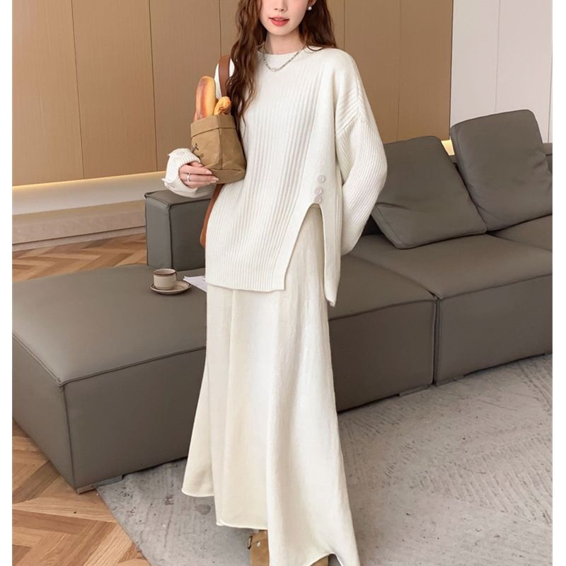 Ensemble deux pièces pour femme, style sport décontracté, automne-hiver, nouveau design élégant et tendance, pull fendu et jupe_voghion.com