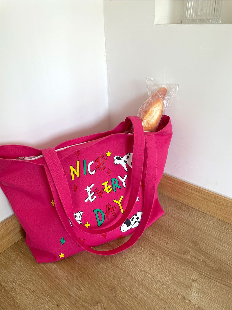 2024 New Student School Cute Illustration Large Capacity Shoulder Zipper Canvas Tote Bag Women_voghion.com
