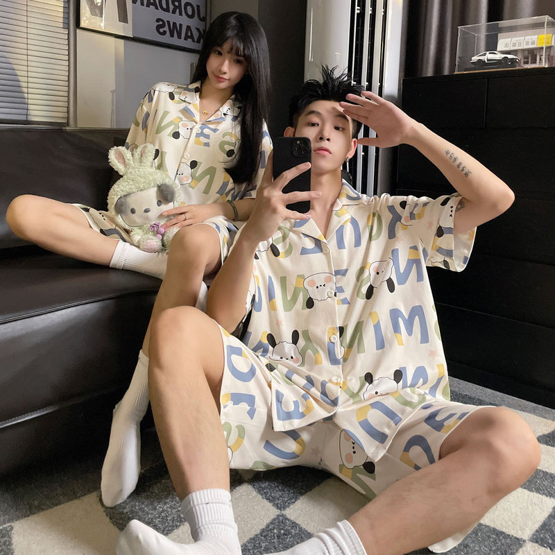 -2024 Summer Nei Pyjama fir Koppelen mat Broschtpolster Kotteng Einfach Kuerzärmelen Flip Kraag Cardigan Kann als gedroe ginn_voghion.com
