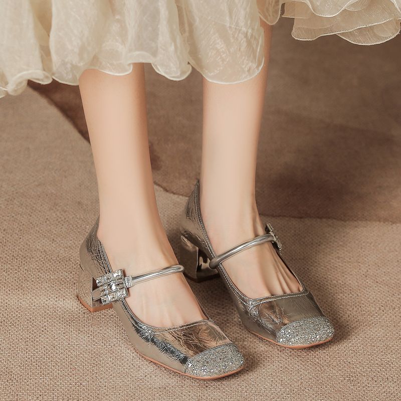 Water Diamond Silver Damen Sommer High-End-Feeling High Heels Square Toe Chunky Heel Mary Jane Einzelschuhe Alltagskleidung_voghion.com