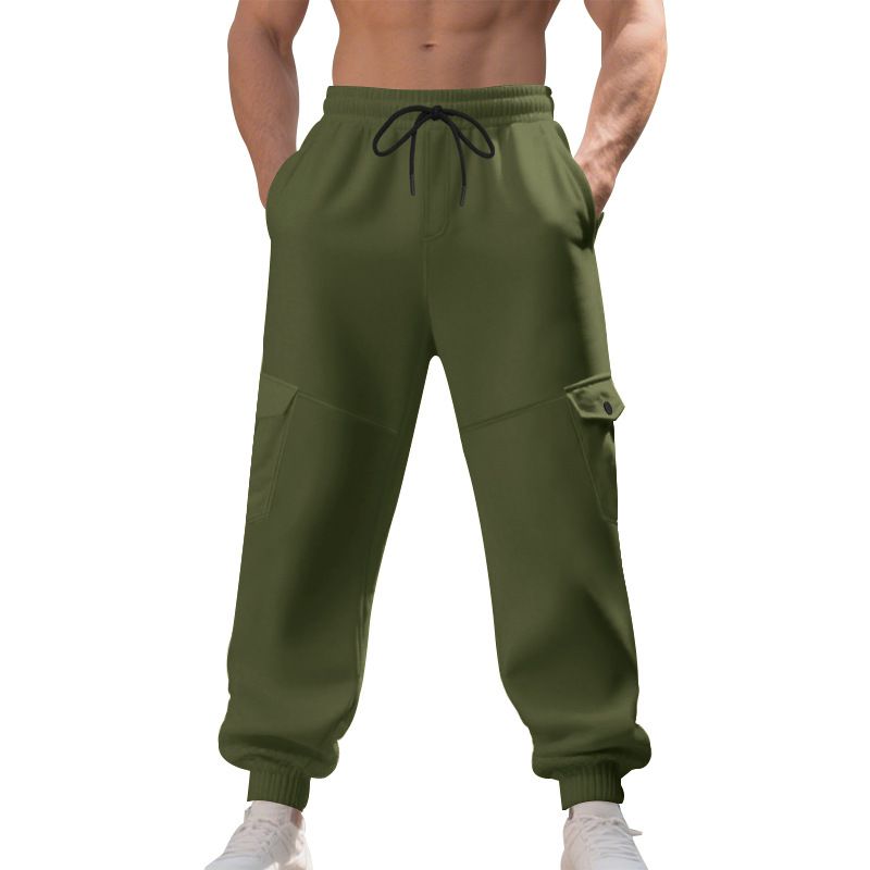 Autumn Winter Fleece Drawstring Men's Loose Casual Sports Multi-Pocket Cargo Pants_voghion.com