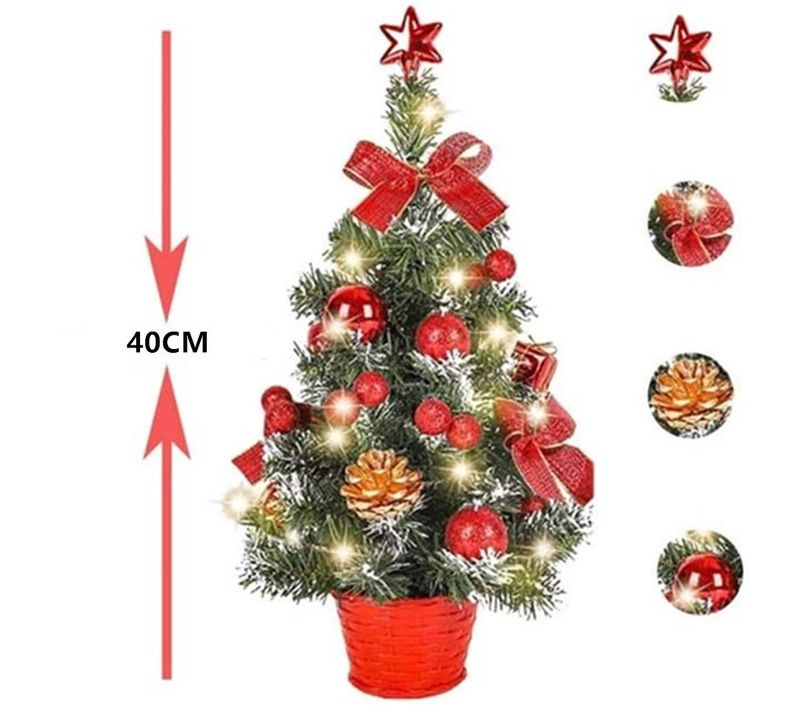 Albero di Natale a LED da 40 cm con luci - Mini albero decorativo da tavolo per decorazioni natalizie (rosso/oro/argento, 30 luci a LED)_voghion.com