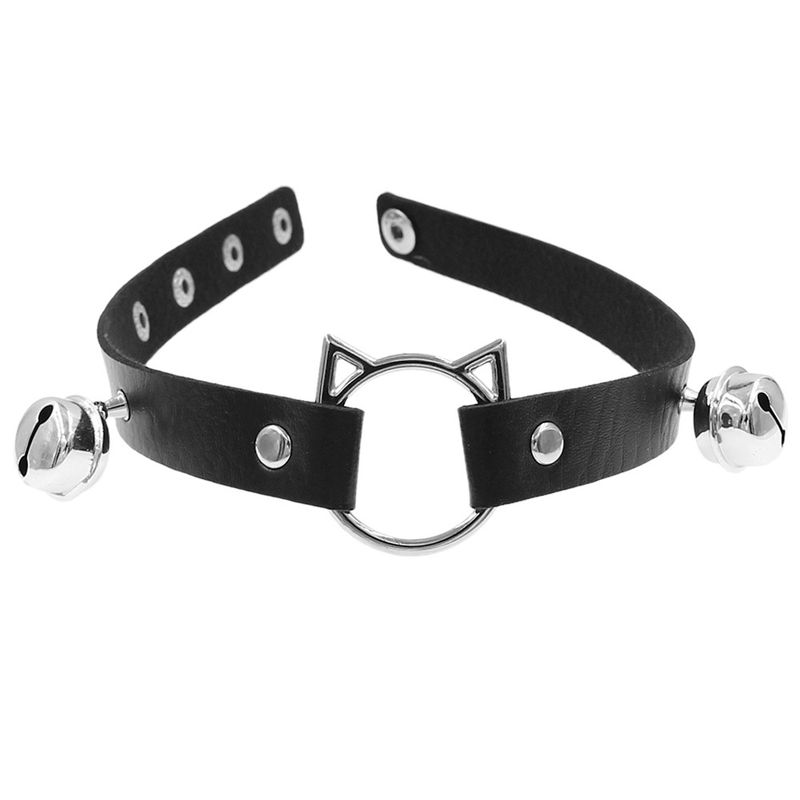 Collier ras du cou en cuir PU avec tête de chat de dessin animé pour femme, style punk foncé_voghion.com