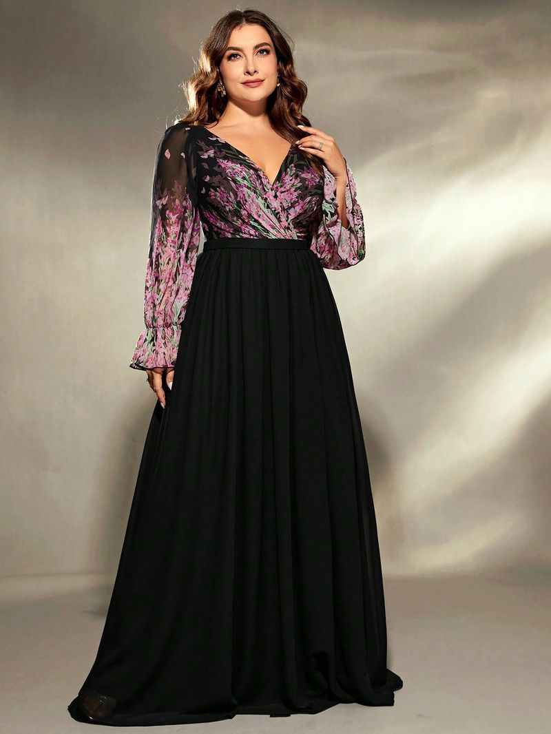 Elegante V-hals plus-size lange mouwen feestjurk voor vrouwen - A-lijn formele jurk met flatterende pasvorm voor verjaardagen en speciale gelegenheden_voghion.com