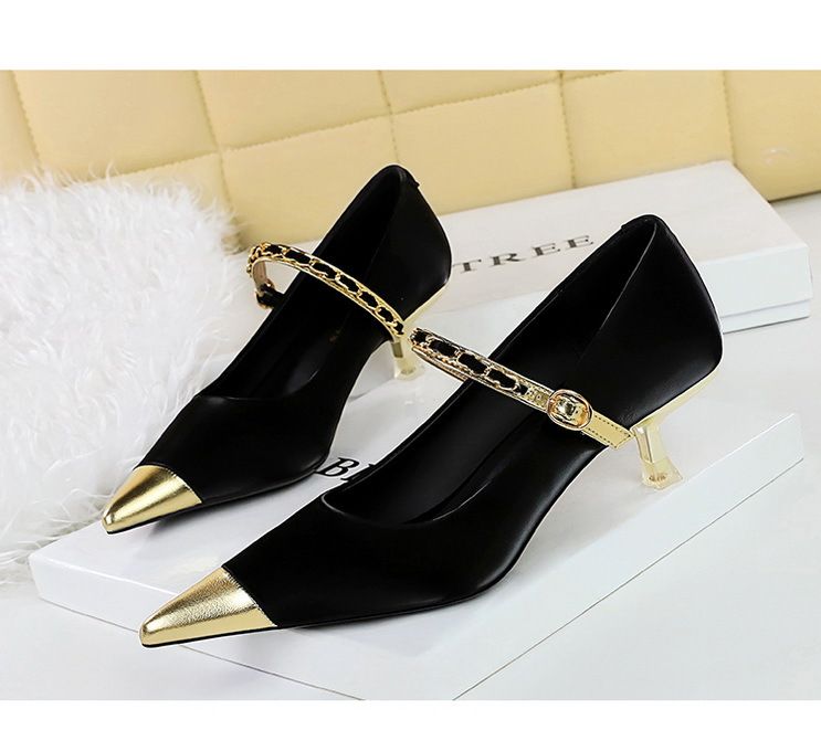 Fashion elegant light luxury party women's shoes medium heel shallow mouth pointed metal chain with a single shoe_voghion.com
