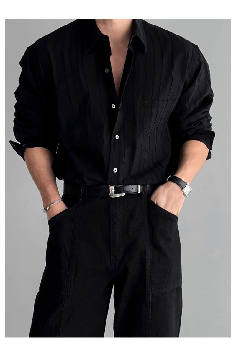 Camicia a maniche lunghe sottile con tasca in tinta unita da uomo, primavera e autunno, Dongdaemun, nuova camicia a nicchia larga strutturata di fascia alta_voghion.com