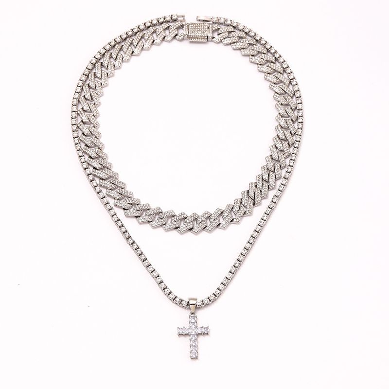 Pendentif croix diamant alliage chaîne cubaine chaîne à une rangée ensemble d'accessoires pour tous les colliers hip hop_voghion.com