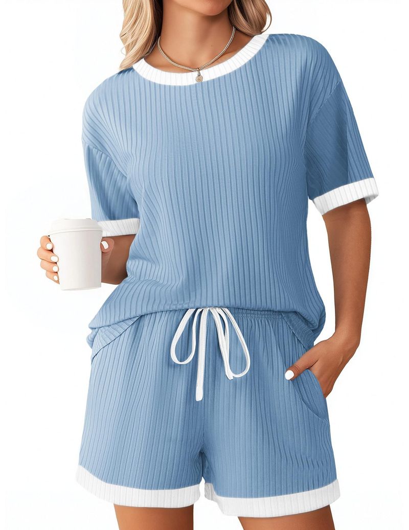 Kadın Giyim Yaz Yeni Düz Renk Çukur Çizgili Renk Uyumlu Pijama Kısa Kollu Ev Giyim Takımı_voghion.com