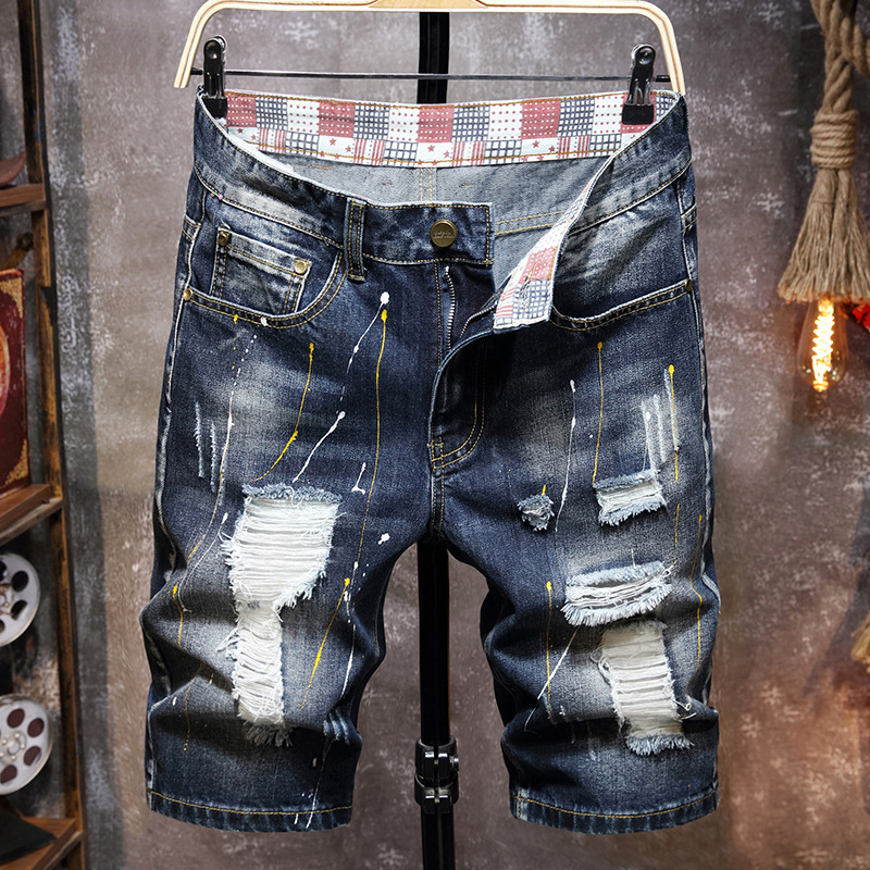 Men's summer new style ripped denim shorts, casual, personalized, straight, loose, five-point pants, trendy paint style_voghion.com